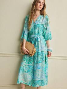 Écloséra Women's Lake Blue V-Neck Pelesse Print Midi Dress – Waist-Cinching Summer Style | Elegant Spring-Summer Outfit For Office, Beach & Holiday Wear‌ - Green - View 1