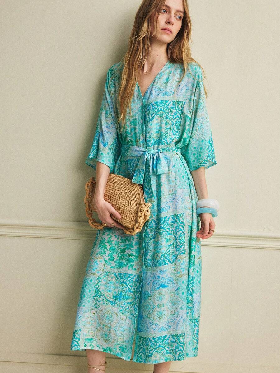 Écloséra Women's Lake Blue V-Neck Pelesse Print Midi Dress – Waist-Cinching Summer Style | Elegant Spring-Summer Outfit For Office, Beach & Holiday Wear‌ - Green - View 1