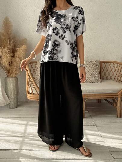 Vivie Lora Women's Floral Print Blouse And Flowing Pants 2 Pieces Set