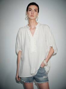 Lumivelle Women's Casual Fringe Ribbon Decor Lantern Sleeve Loose Blouse, Spring/Summer - White - View 5