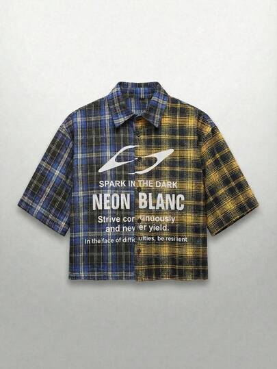 NEON BLANC 男士字母格纹印花短袖单排扣休闲衬衫