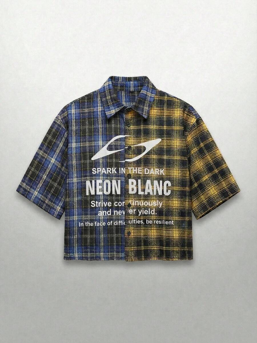 NEON BLANC Áo sơ mi nam tay ngắn cài một hàng khuy, in chữ và kẻ caro, kiểu dáng thường ngày. - Nhiều màu - Xem 1