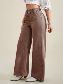SHEIN Tall Women's Elastic Waist Casual Versatile Daily Wear Wide Leg Jeans - Brown - View 4