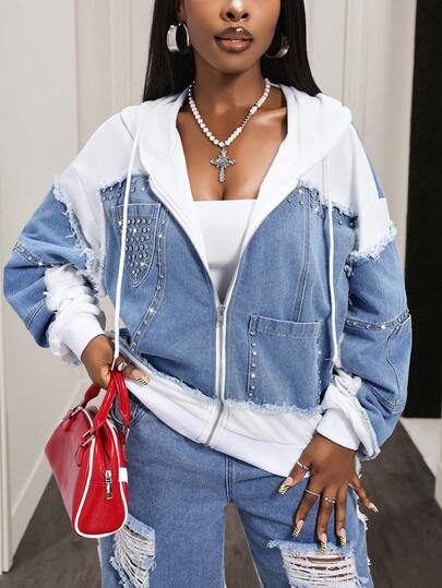 Slaydiva Women's Drawstring Hooded Zip-Up Casual Everyday Denim Jacket, Long Sleeve