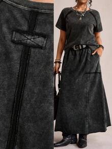 SHEIN LUNE Cotton 2-Piece Set: Women'S Music Festival Casual Solid Color Knit Crew Neck Short-Sleeved Loose Sweatshirt And Loose Skirt,Plus-Size Women'S Y2k Tie-Dye Two-Piece Set, Featuring Loose-Fitting Crew Neck Short-Sleeved Sweatshirt High-Waisted Long Skirt; Casual Street Style Two-Piece Set, Perfect For Comfortable Summer.Women Casual Solid Color Raglan Sleeve T-Shirt And Shorts Set,Suitable For Daily Wear, For Daily Wear,Simple Women Tops,Elegant And Fashionable For Commuting,Women Boho/Bohemian 2pcs Set Denim Maxi Skirt Two Piece Long Skirt Set Grunge Dress Anthropologie Clothes Layered Dress Dress With Pockets Black Western Dress Black Denim Dress Denim Dress For Curvy Woman Tie Waist Dress - Black - View 2