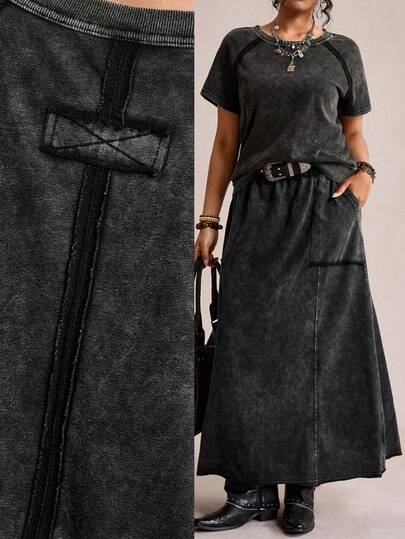 SHEIN LUNE 2-Piece Set: Women'S Casual Solid Color Knit Crew Neck Short-Sleeved Loose Sweatshirt And Loose Skirt,Plus-Size Women'S Y2k Tie-Dye Two-Piece Set, Featuring A Loose-Fitting Crew Neck Short-Sleeved Sweatshirt And A High-Waisted Long Skirt; A Casual Street Style Two-Piece Set, Perfect For Comfortable Summer.Women Casual Solid Color Raglan Sleeve T-Shirt And Shorts Set,Suitable For Daily Wear, For Daily Wear,Simple Women Tops,Elegant And Fashionable For Commuting,Women Boho/Bohemian 2pcs Set Denim Maxi Skirt Two Piece Long Skirt Set Grunge Dress Anthropologie Clothes Layered Dress Dress With Pockets Black Western Dress Black Denim Dress Denim Dress For Curvy Woman