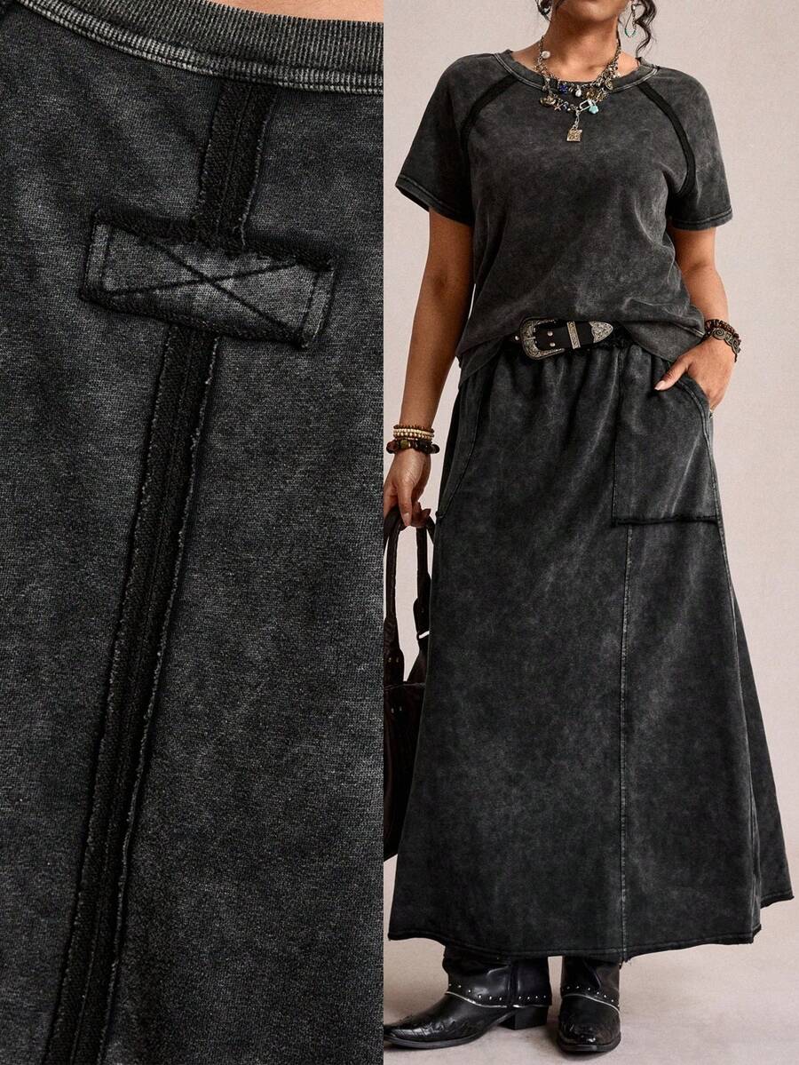 SHEIN LUNE Cotton 2-Piece Set: Women'S Music Festival Casual Solid Color Knit Crew Neck Short-Sleeved Loose Sweatshirt And Loose Skirt,Plus-Size Women'S Y2k Tie-Dye Two-Piece Set, Featuring Loose-Fitting Crew Neck Short-Sleeved Sweatshirt High-Waisted Long Skirt; Casual Street Style Two-Piece Set, Perfect For Comfortable Summer.Women Casual Solid Color Raglan Sleeve T-Shirt And Shorts Set,Suitable For Daily Wear, For Daily Wear,Simple Women Tops,Elegant And Fashionable For Commuting,Women Boho/Bohemian 2pcs Set Denim Maxi Skirt Two Piece Long Skirt Set Grunge Dress Anthropologie Clothes Layered Dress Dress With Pockets Black Western Dress Black Denim Dress Denim Dress For Curvy Woman Tie Waist Dress