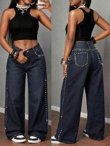 Slaydiva 夏季女士派对休闲夏季度假装扮，铆钉设计口袋阔腿宽松休闲牛仔裤 - 藍色 - 查看 1