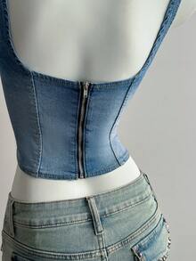 Elamini Women's Knotted Design Fashionable Versatile Date Casual Denim Top - Blue - View 4