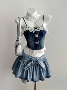 Elamini 女士打结腰部荷叶边下摆时尚牛仔短裙 - 藍色 - 查看 5