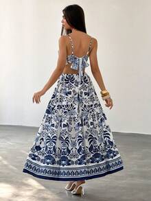 Bluhae Women's White And Blue Floral Summer Boho Beach Vacation Holiday Dress,Hollow Waist Design A-Line French Street Style Retro Sleeveless Maxi Dress - Multicolor - View 2