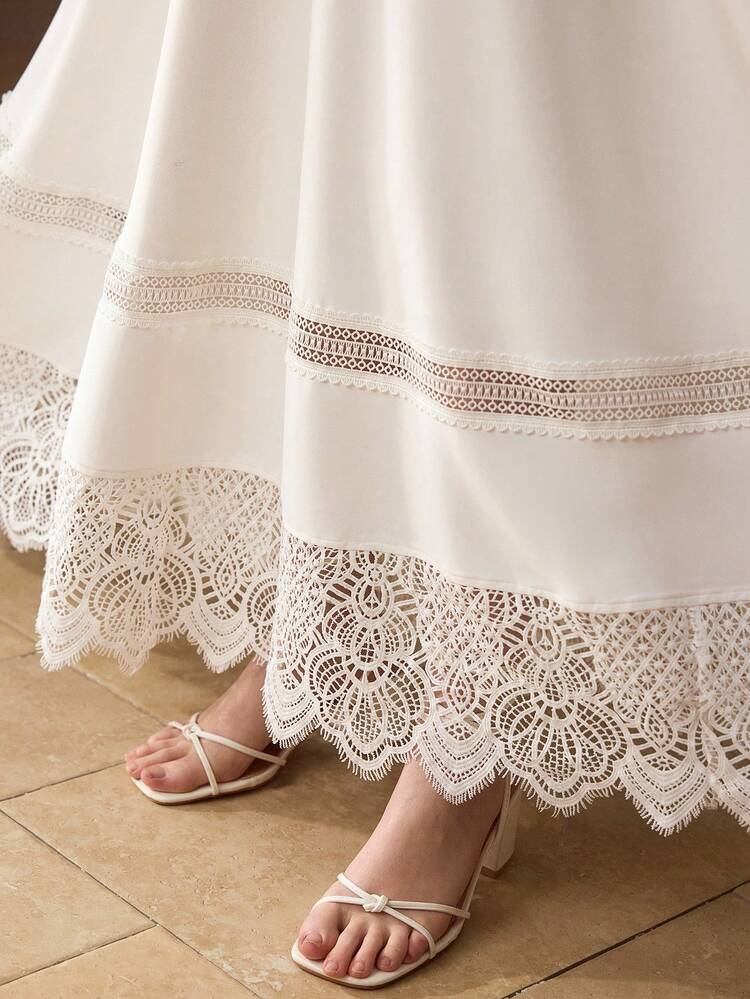 WOMEN'S ELEGANT PLUNGING NECKLINE SLEEVELESS LACE PATCHWORK HOLLOW OUT LONG DRESS