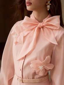 MOTF PREMIUM WOMEN'S ROMANTIC ELEGANT BOW TIE 3D FLORAL DRESS - Coral Pink - View 2