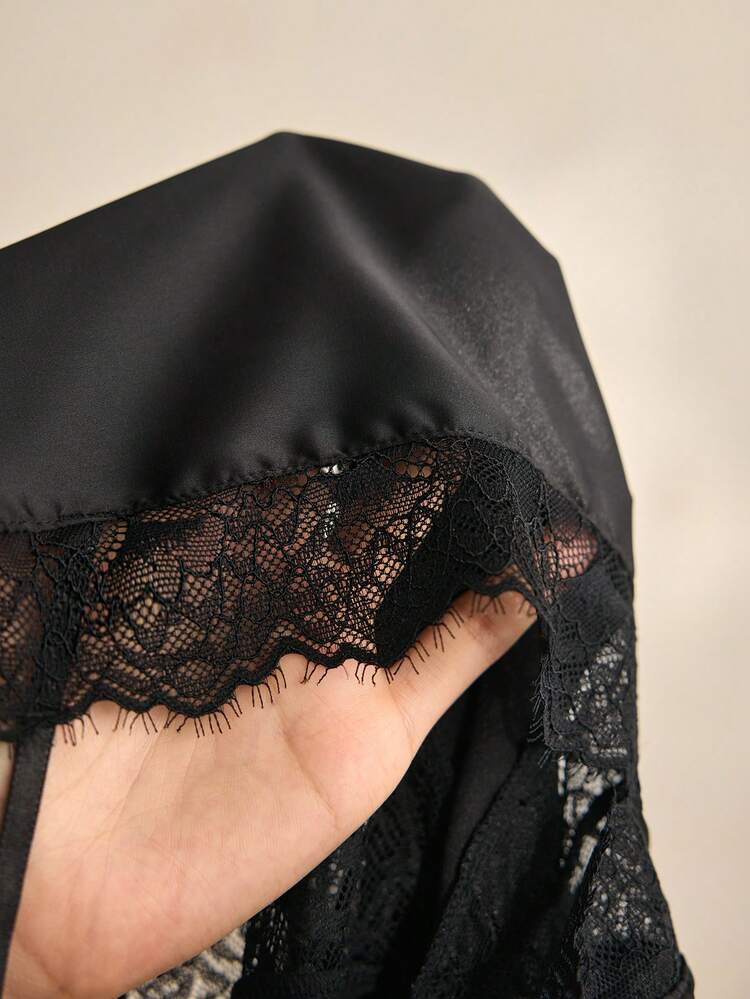 Charlaine Black Lace & Satin Patchwork Backless Criss-Cross Deep V Romantic French Style Elegant Sophisticated Women's Nightgown - Black - View 8