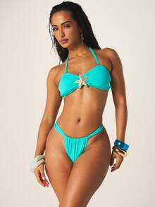 MISSGUIDED Turquoise Starfish Detail Bikini Bottom With Ruched Design Summer Beach Swimwear Low Rise Cheeky Coverage - Teal Blue - View 3