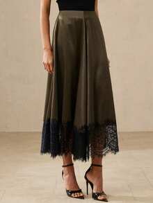 Aveloria Rosie Elegant Minimalist Versatile Commuting Satin Asymmetrical Hem Contrast Lace Midi Skirt - Army Green - View 5