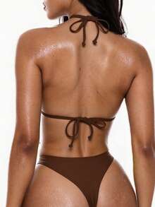 Oceva 夏季海灘假珍珠點綴三角胸罩和泳裝底部比基尼套裝泳衣 - 咖啡棕 - 查看 2
