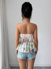 Elenzga 女士无肩带公主线收腰数码印花仿亚麻镂空刺绣精致设计A字优雅度假性感百搭扎染花卉彩色露脐上衣，女士衬衫 - 彩色 - 查看 2