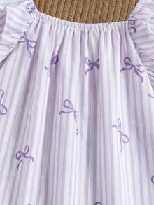 Baby Girl Summer Cute Light Purple & White Striped Bow Ruffle Trim Romper - Mauve Purple - View 3