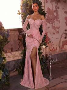 Glamrae 优雅奢华弹力蕾丝褶皱花卉荷叶边下摆性感开衩鱼尾连衣裙，露肩薄纱袖，适合婚礼、派对、度假、正式场合 - 粉色 - 查看 8