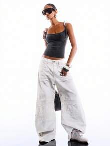 LYSMO Women's Dark Grey Summer Sexy Club Night Minimalism Beaded Decor Fitted Front Tie Camisole,Solid Color Backless Draped Neck Tank Top - Black - View 7