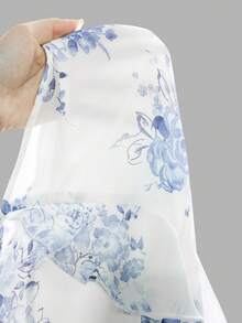 SHEIN 少女优雅印花吊带荷叶边A字摆连衣裙，波西米亚风长裙，适合海滩度假、热带假期、春夏穿着 - 藍色 - 查看 9