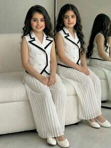 SHEIN 少女时尚撞色衬衫套装 - 白色 - 查看 6