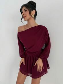 Firerie Women's Burgundy Elegant Autumn Chiffon Mini Dress,Asymmetrical Shoulder Ruffle Waist A-Line Off Shoulder Dress For Wedding Guest,Dinner Date,Party - Burgundy - View 3