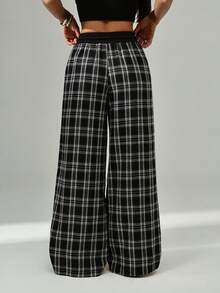 SHEIN PETITE Women's Casual Loose Checked Wide Leg Pants - Black and White - View 2