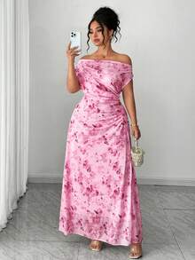 Elenzga 大码优雅约会之夜派对露肩收腰显瘦印花A字长裙 - 粉色 - 查看 1