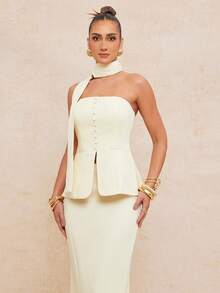 Lumalex Women's Elegant Apricot Sleeveless Cropped Top With Bow Tie Design + Women's Elegant Apricot Slit Fitted Skirt, Spring/Summer - Apricot - View 7