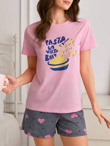 SHEIN Cottnline Cotton Line Women Casual Pink Solid Color Round Neck Short Sleeve Pasta Pattern Top And Heart Printed Shorts 2 Pieces Comfy Set - Pink - View 4