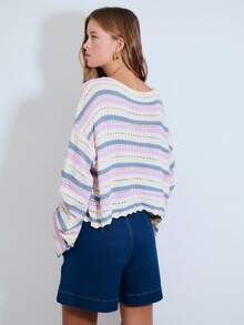 Nöista Open Knit Sweater , Round Neckline, And Scalloped Hem, Features Horizontal Stripes, Relaxed Fit. Beachwear, Spring, Summer, Easter, Casual Look. - Multicolor - View 2