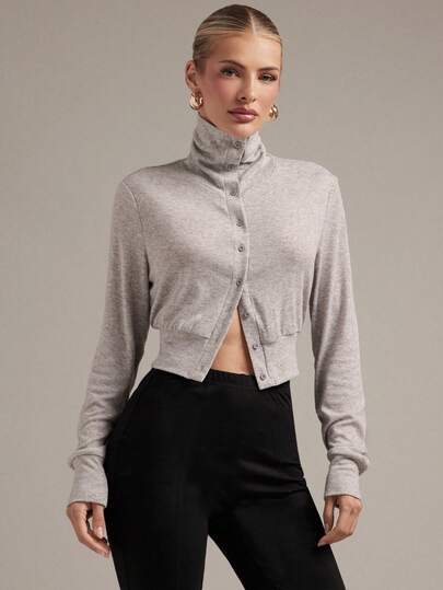 Hauture Women's Solid Color Stand Collar Single-Breasted Casual Versatile Daily Wear Long Sleeve Top