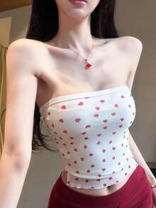 DAZY Áo quây bandeau nữ dáng ôm crop top, in hình trái tim trắng, phong cách thời trang xuân hè, gợi cảm cho lễ hội âm nhạc, Valentine, đi biển và du lịch thường ngày - Màu be - Xem 7