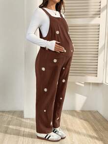 SHEIN Pregnant Women Floral Embroidery Pocket Casual Versatile Daily Wear Bib Overall Pants - Brown - View 3
