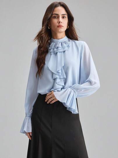 Ontre 2026SS Women's Shirt, Spring/Summer, Ruffled Design Long Sleeve Elastic Cuff, Minimalist Elegant Urban Chic Blue Shirt, Woven Fabric, Women's Outerwear, Vintage Chiffon Fabric, Suitable For Valentine's Day, Wedding Season, Wedding Guest Attire, Tea Party, Holiday Party, Fashionable Versatile Women's Blouse