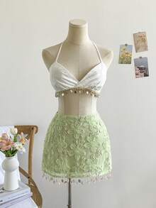 Soleia 性感迷你裙，女士刺绣雪纺紧身裙，鼠尾草绿迷你裙，紧身裙，春夏亮绿色蕾丝裙，夏季仙女风钩针裙，适合春夏派对、嘉年华、婚礼、外出、度假等场合，优雅休闲。 - 綠色 - 查看 2
