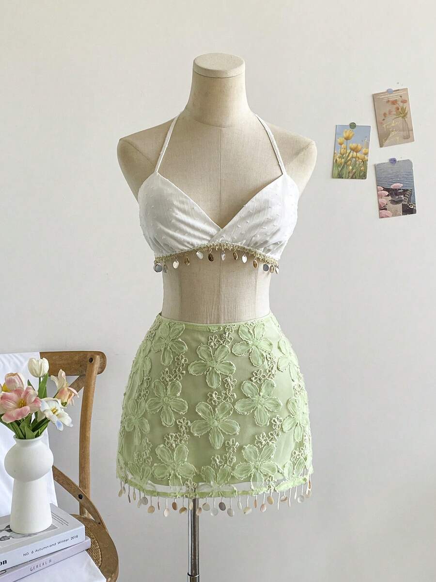 Soleia 性感迷你裙，女士刺绣雪纺紧身裙，鼠尾草绿迷你裙，紧身裙，春夏亮绿色蕾丝裙，夏季仙女风钩针裙，适合春夏派对、嘉年华、婚礼、外出、度假等场合，优雅休闲。