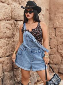 SHEIN Unity Bộ jumpsuit denim dáng rộng, đa năng, có túi, dành cho nữ cỡ lớn, phong cách Y2K, thích hợp mặc hàng ngày. - Rửa nhẹ - Xem 6