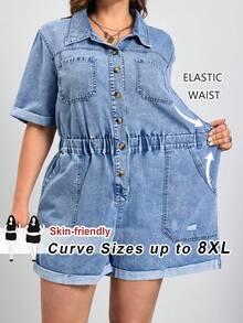 SHEIN CURVE+ 大码女式短袖单排扣休闲宽松牛仔连体裤，带口袋，春夏皆宜，适合嘉年华、通勤、度假、毕业典礼等场合，时尚百搭，Y2K风格，可爱街头风，适合派对、婚礼、商务休闲等场合。浅色水洗牛仔连体裤，翻领设计，收腰剪裁，适合日常穿着，蓝色。 - 藍色 - 查看 7