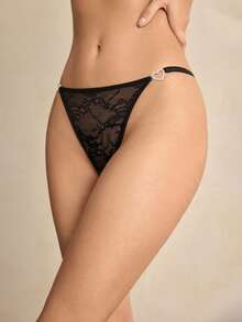Charlaine Black Lace Patchwork, Rhinestone, Shiny, Sheer, Romantic French, Elegant & Refined Women's Thong Panty - Black - View 7