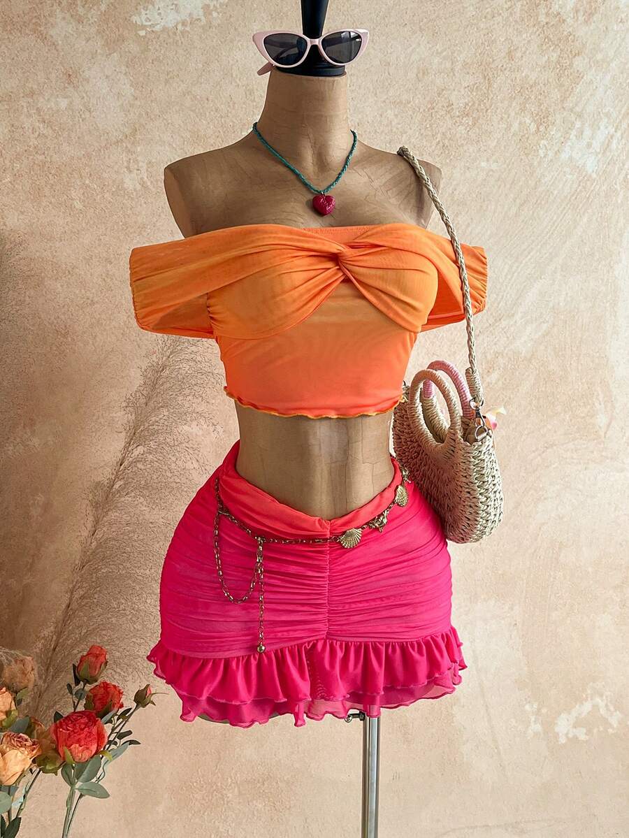 Soleia Women's Romantic Vacation Pleated Texture Off Shoulder Fitted Top + Ruffle Hem Bodycon Skirt, Suitable For Beach, Seaside, Sexy, Date - Burnt Orange - View 1