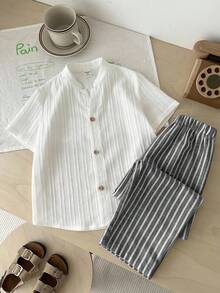 LMoss Kids 男童纯色梭织休闲衬衫和条纹裤两件套 - 黑與白 - 查看 7