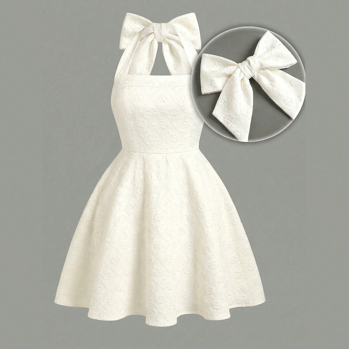 Vestido elegante con halter de lazo y jacquard blanco para niñas preadolescentes
