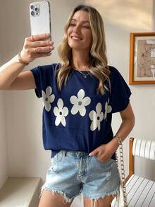 Vivie Lora Women's Casual Floral Print Crew Neck Short Sleeve Knit Top, Versatile For Daily Wear Vacation - Navy Blue - View 5