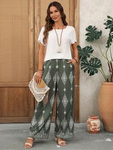 EMERY ROSE 两件套女士休闲圆领上衣和宽松长裤，百搭套装，适合春夏穿着 - 彩色 - 查看 4