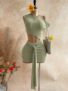 Soleia Spring/Summer New Casual Vacation Western Beach Wedding Guest Attire Graduation Brunch St. Patrick's Day Spring Break Easter Music Festival Elegant Bohemian Tropical Chic Waist Cutout Date Party Ruffle Asymmetric Neck Metal Decor Women Mini Dress Vintage Outfit For Women - Green - View 1
