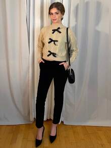 Aless PB French Bow Knot Soft & Fluffy Cable Knit Sweet Women Long Sleeve Pullover Sweater, Winter - Apricot - View 4