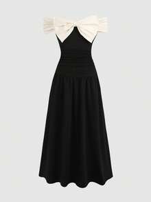 SHEIN Tween Girl Spring/Summer Casual Elegant Commuter Color Block Off-Shoulder Big Bow Decor Fitted Pleated Maxi Knit Solid Dress, Black & Apricot - Black - View 3